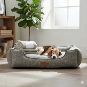 An eco-friendly luxury dog bed made from recycled British wool and sustainable materials.