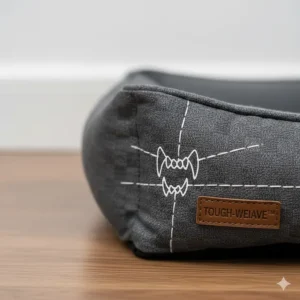 Close-up illustration of reinforced ripstop stitching on a tough dog bed designed to withstand persistent biting.