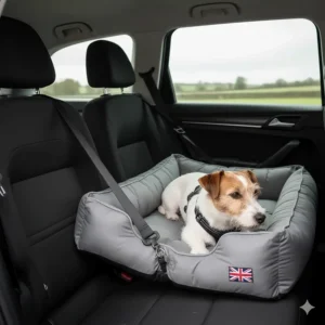 A Jack Russell Terrier settled in a grey travel dog bed secured to the back seat of a car for safe travel.