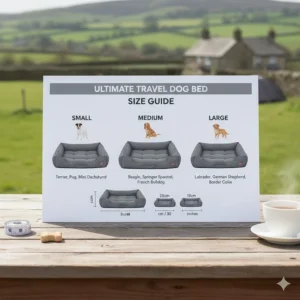 A size guide for lightweight travel dog beds showing Small, Medium, and Large options for breeds ranging from Terriers to Labradors.