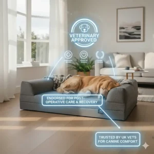 Iconography representing UK veterinary approval for post-operative canine recovery and comfort.