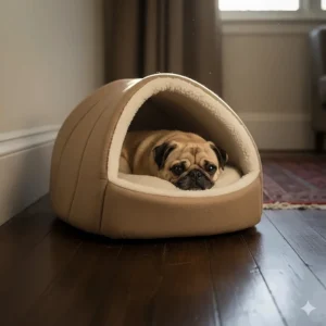 A small Pug tucked into a thick, insulated igloo-style cave bed to stay warm on a traditional draughty wooden floor.