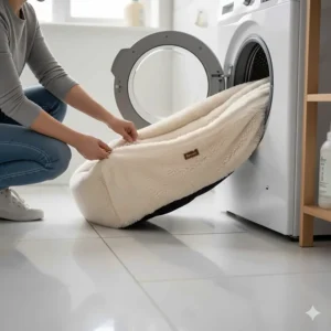 A UK pet owner removing the machine-washable faux-fur cover from a calming dog bed for easy cleaning.