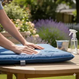 A person wiping down a water-resistant, easy-clean cooling dog bed cover with a damp cloth.