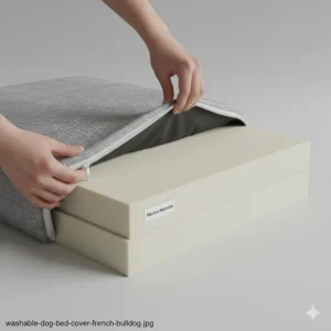 A person removing a machine-washable zipped cover from a premium dog bed for easy cleaning.
