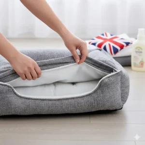 A person removing the machine-washable fabric cover from a modern grey dog bed for easy cleaning and hygiene.