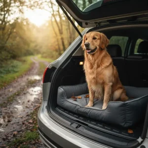 A dog sitting on a waterproof bed in the boot of a car after a muddy woodland walk.