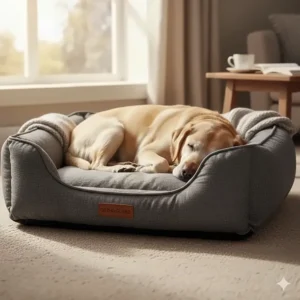 An elderly Labrador sleeping peacefully on an orthopaedic waterproof dog bed designed for senior dogs with incontinence.