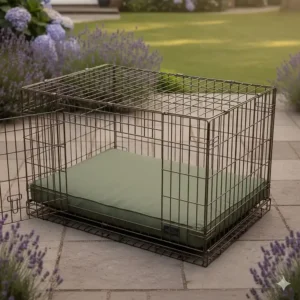 A waterproof dog bed used as a liner inside a metal dog crate for easy maintenance.