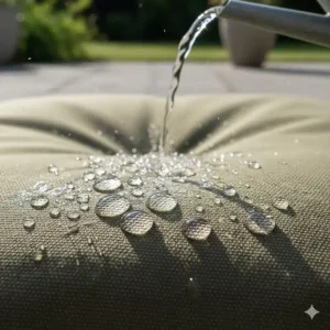 Water beads running off the heavy-duty waterproof fabric of a durable dog bed.