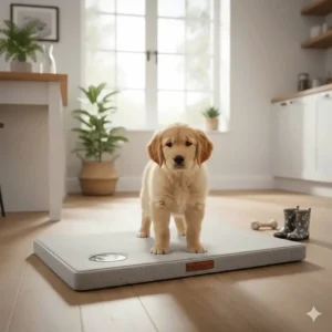 A young puppy on a durable waterproof bed, ideal for house training and protecting carpets from accidental spills.