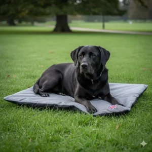 A black Labrador resting on a water-resistant grey travel dog mat on damp green grass in a British park.