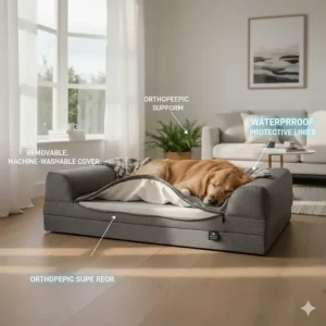 Cross-section of a dog bed with a waterproof liner and removable machine-washable cover.