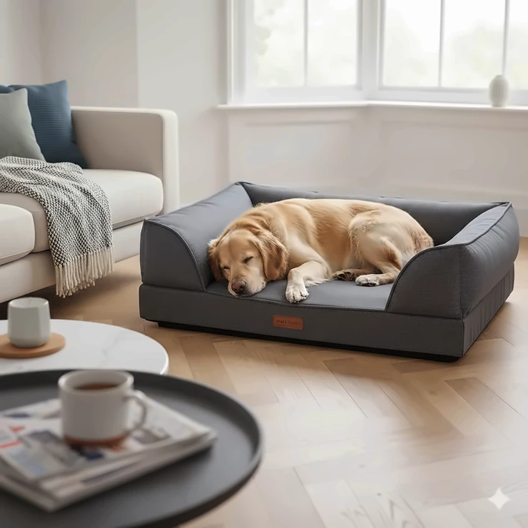 A happy Golden Retriever resting on a grey affordable orthopaedic dog bed in a modern British living room with natural light. affordable orthopaedic dog bed