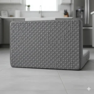 The anti-slip rubberised base of a memory foam dog bed shown on a light grey kitchen tile floor.