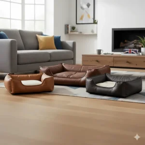 A collection of three genuine leather dog beds shown in tan, chestnut brown, and charcoal grey finishes.