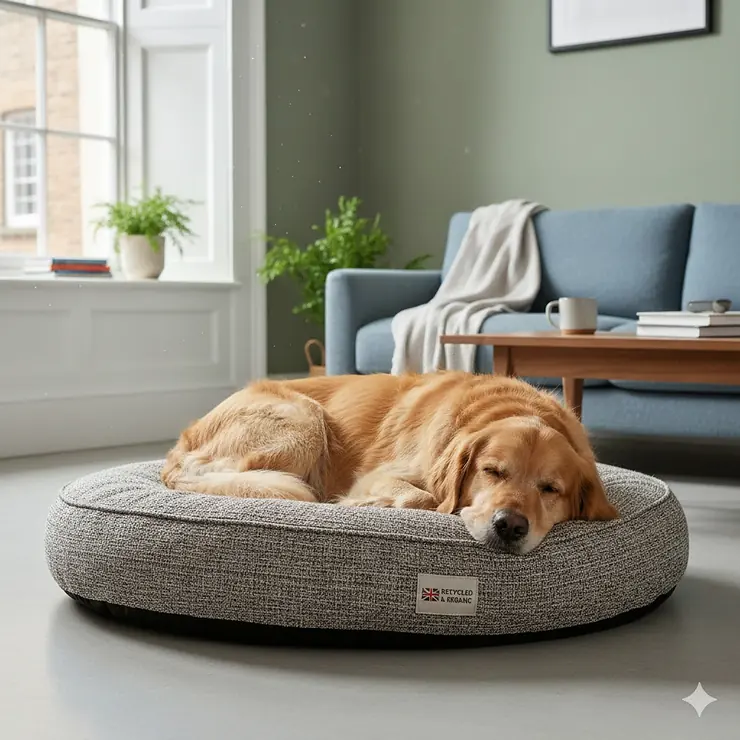 A golden retriever relaxing on a plush, eco friendly dog bed made from recycled materials in a modern British living room. eco friendly dog bed