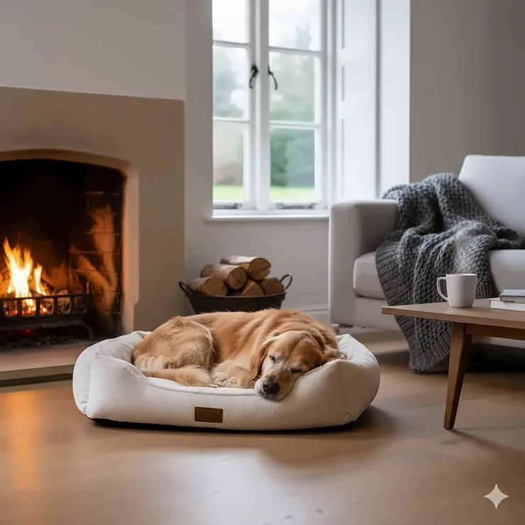 A golden retriever sleeping soundly in a luxury faux-fur winter dog bed next to a lit fireplace in a British home. best winter dog bed