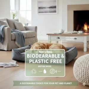 A graphic showing the eco-friendly, biodegradable components of a plastic-free British wool dog bed.