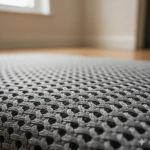 Macro photography of the breathable, woven grey fabric designed for temperature regulation in a quality pet bed.
