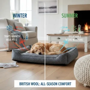 Infographic explaining how British wool dog beds regulate temperature in winter and summer.