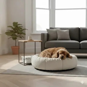 A happy Cocker Spaniel curled up asleep on a soft, textured boucle dog bed.