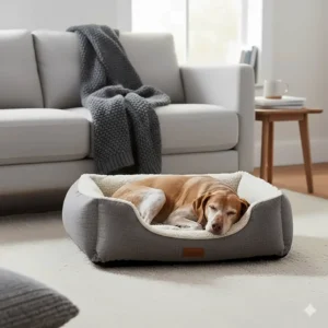 A stylish, fleece-lined dog bed positioned on a thick carpet in a warm UK living room with a chunky knit throw.