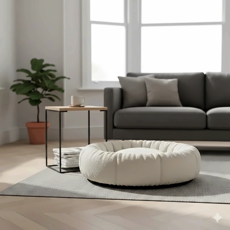 Luxury cream boucle dog bed styled in a modern British living room next to a wooden side table. boucle dog bed