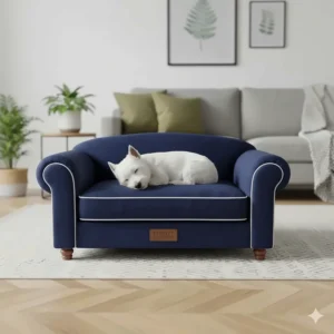 Alt text for image 9: A navy blue designer velvet dog sofa bed with white piping and wooden feet, featuring a West Highland Terrier.