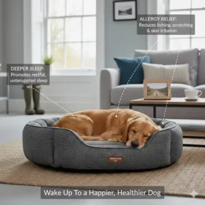 An infographic-style image highlighting how the bed reduces itching and promotes deeper sleep for dogs with allergies.