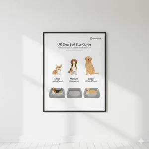 A UK dog bed size guide infographic featuring a Corgi, Beagle, and Golden Retriever with metric dimensions.
