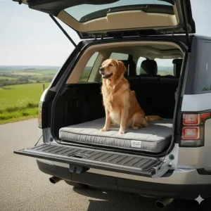 A Golden Retriever sitting on a flat dog crate mattress in the boot of a car, ideal for comfortable travel across the UK.