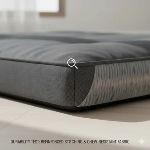 Close-up of reinforced stitching and chew-resistant fabric edges on a durable orthopaedic dog bed.