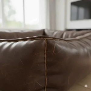 Macro shot showing the scratch-resistant surface and reinforced piping of a premium leather dog bed.