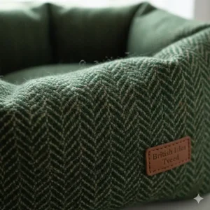 Close-up texture of durable wool-mix tweed fabric used for high-quality pet bedding.