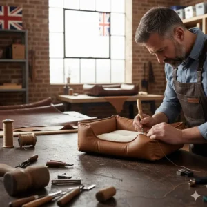 A British artisan in a workshop hand-stitching a bespoke genuine leather dog bed, featuring a Union Jack in the background.