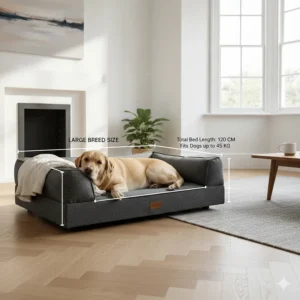 A size guide illustration showing a Golden Retriever comfortably stretched out on a large premium bolster bed.