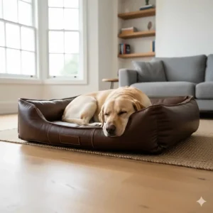 An adult Labrador retriever resting comfortably in a large genuine leather dog bed on a jute rug in a bright lounge.