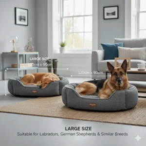 A size guide illustration featuring a German Shepherd to show the dimensions of the large hypoallergenic dog bed.