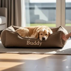 A large orthopaedic personalised dog bed with name for a Golden Retriever, featuring a washable tweed cover.