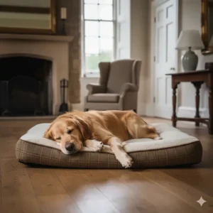 A Golden Retriever stretched out on a large rectangular tweed dog bed in a country home.