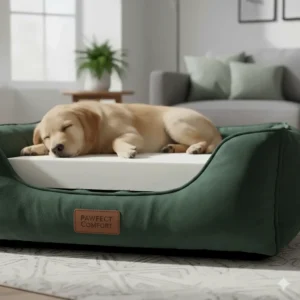 Alt text for image 4: A large emerald green velvet dog bed with a Golden Retriever sleeping comfortably in a modern home.