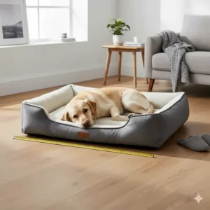 A size guide showing a Labrador comfortably stretched out on a large bolster dog bed in a modern living room.
