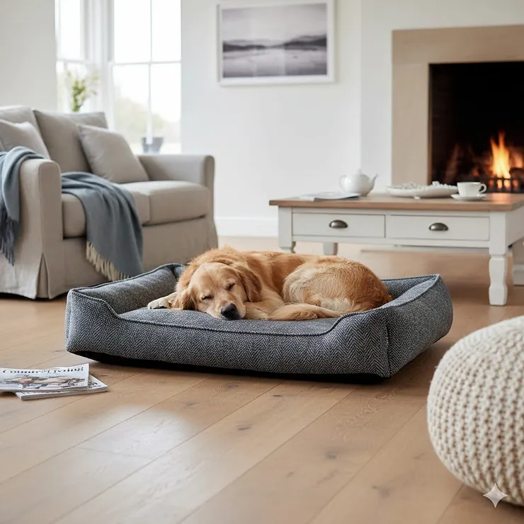 A luxury British wool dog bed in a modern country living room with a Golden Retriever resting. British wool dog bed