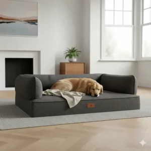 A stylish bolster dog bed blending seamlessly with high-end British home decor and furnishings.