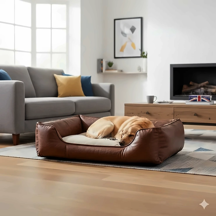 A luxury genuine leather dog bed in dark brown, styled in a traditional British living room next to a stone fireplace. genuine leather dog bed