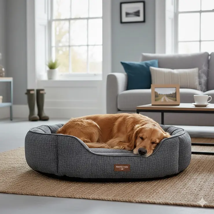 A golden retriever resting on a luxury hypoallergenic dog bed in a modern British living room with natural light. hypoallergenic dog bed