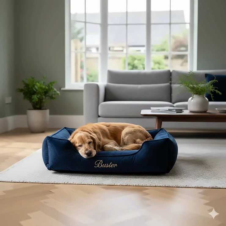 A luxury navy blue personalised dog bed with the name ‘Buster’ embroidered in gold thread, situated in a modern British living room. personalised dog bed with name