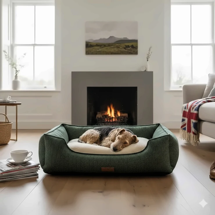 A luxury tweed dog bed in green herringbone fabric, positioned in a cosy British living room next to a fireplace. tweed dog bed