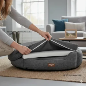 A person zipping off the removable, machine-washable outer cover of a grey dog bed to show ease of cleaning.